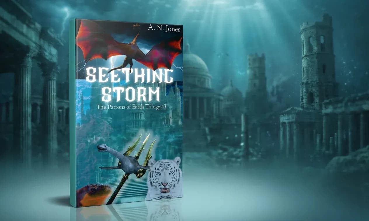 The Seething Storm paperback standing in front of a submerged Atlantis city in teal and blue underwater light
